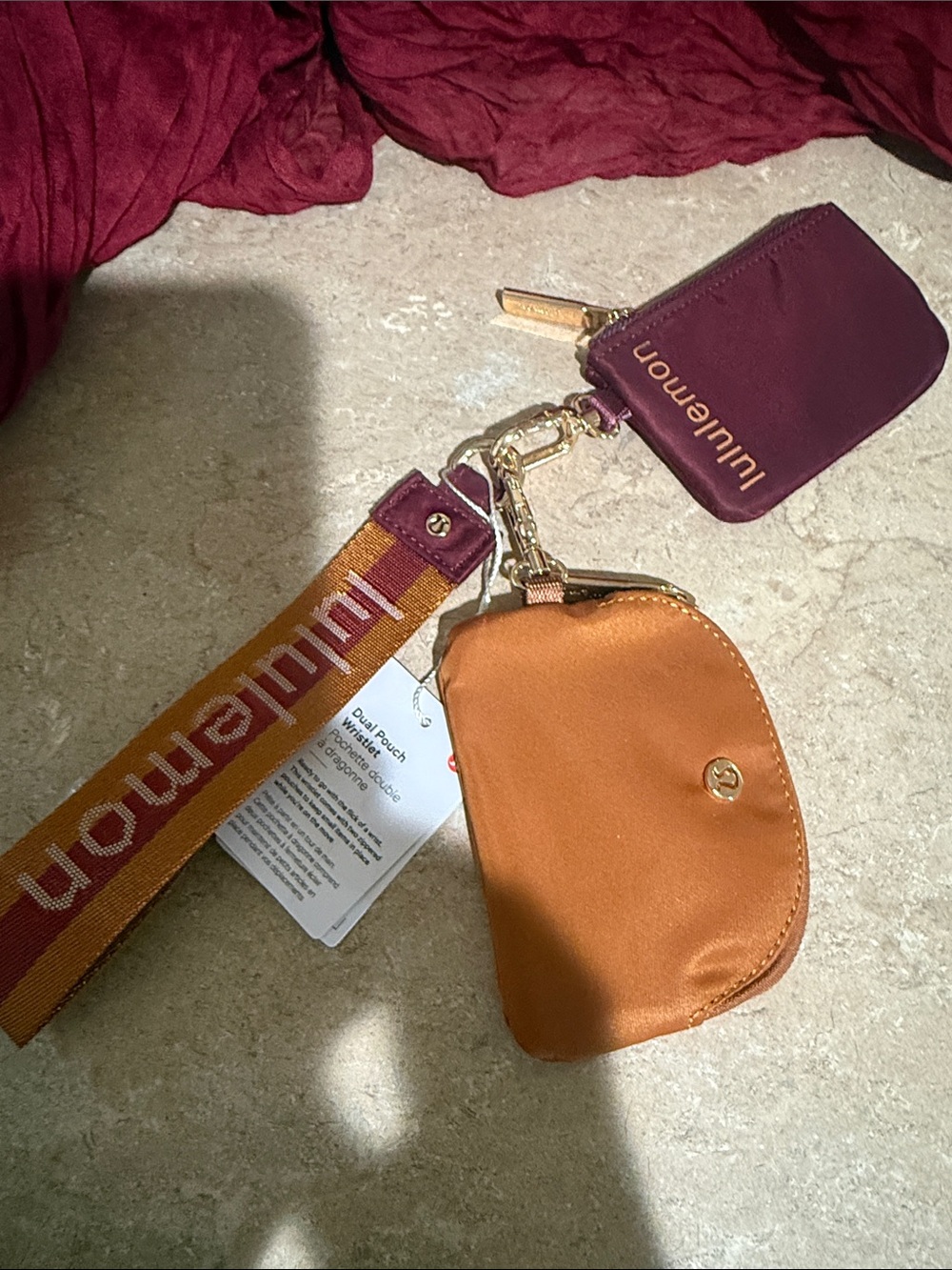 lululemon Wristlet Key Pouch Set in Amber & burgundy with Gold Hardware